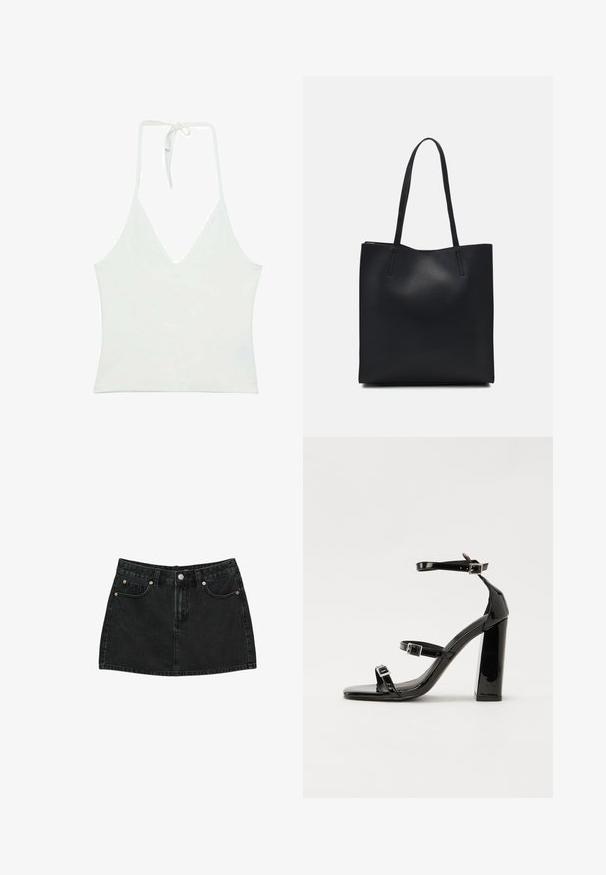 Weißes Top mit Halterneck und tiefem V-Ausschnitt. Aus einem glatten, leichten Stoff gefertigt. Mit verstellbarem Band am Rücken.; Schwarzer Jeans-Minirock mit Knopfverschluss vorne, Gürtelschlaufen und zwei vorderen Taschen mit Kupfernieten, flach auf weißem Hintergrund ausgelegt.; Schwarze patentierte Sandalen mit Absatz, quadratischer Spitze, Knöchelriemen und silbernen Schnallen. Mit einem stabilen Blockabsatz für mehr Stabilität.; Schwarze Laptoptasche aus Leder mit glatter Textur, rechteckiger Form und zwei langen Griffen. Keine sichtbaren Beschläge oder Verzierungen.