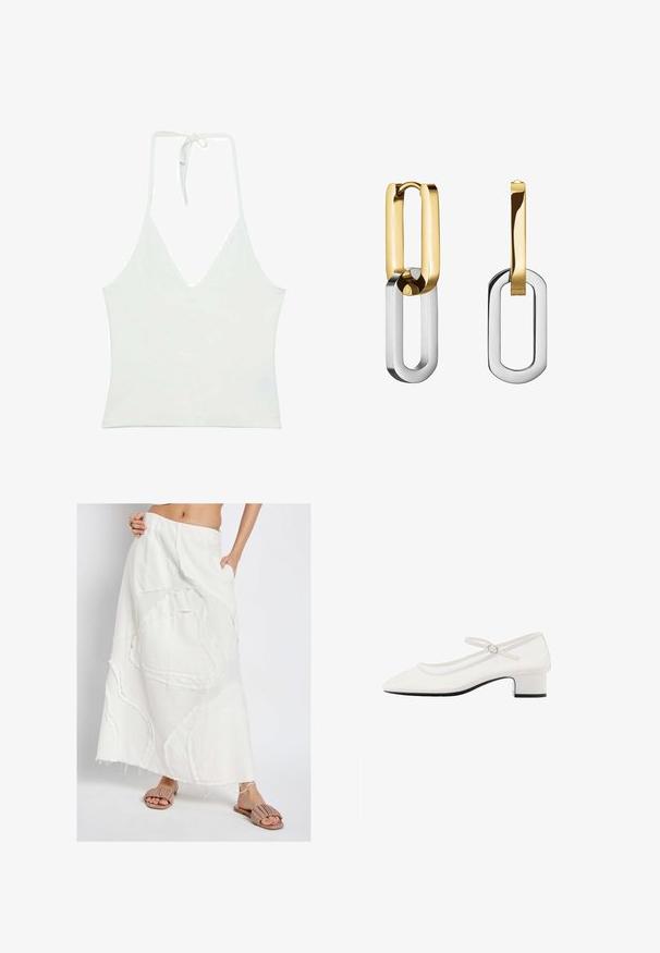 Débardeur blanc à col halter avec un décolleté en V profond. Fabriqué en tissu lisse et léger. Présente un lien ajustable à l'arrière.; Jupe maxi en lin blanc avec des formes abstraites cousues, ourlet brut et poches latérales ; associée à des sandales beiges à enfiler.; Chaussure Mary Jane en cuir verni blanc avec un bout arrondi, un talon épais de hauteur intermédiaire et une sangle réglable avec une boucle en argent.; Boucles d'oreilles en métal doré et argenté présentant des boucles rectangulaires entrelacées avec une finition lisse et une texture polie.