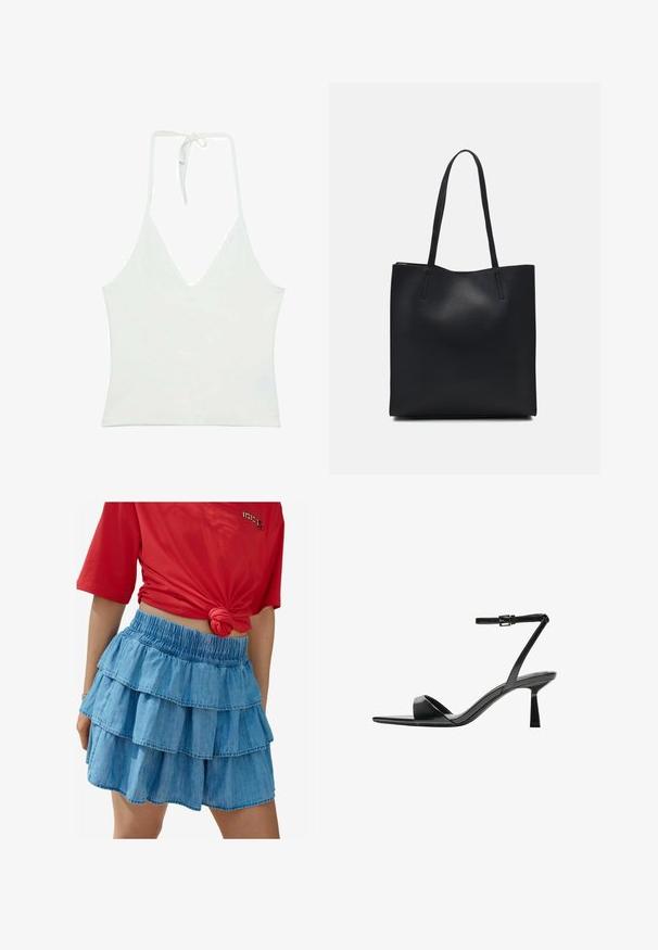 Débardeur blanc à col halter avec un décolleté en V profond. Fabriqué en tissu lisse et léger. Présente un lien ajustable à l'arrière.; Jupe en denim bleu clair avec trois volants superposés, dotée d'une taille élastique et d'une texture lisse. Assortie à un chemisier rouge à manches courtes.; Bershka Sandales à talons hauts - black; Sac fourre-tout en cuir noir avec une texture lisse, de forme rectangulaire et deux longues poignées. Pas de matériel ou d'ornementations visibles.