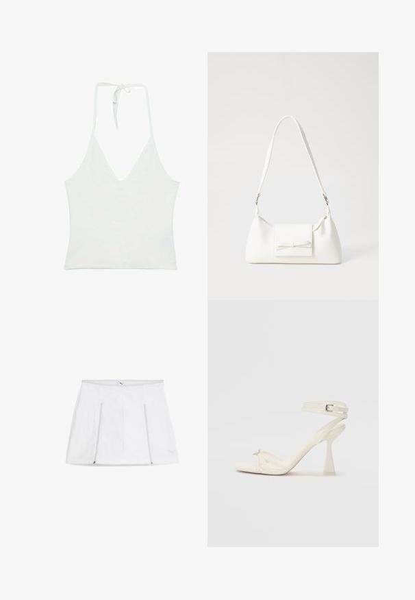 Biely halterneck top s hlbokým V-dekoltom. Vyrobený z hladkej, ľahkej textílie. Obsahuje nastaviteľné viazanie na chrbte.; Biela atletická sukňa s plochým pásom, zipsovými vreckami na oboch stranách a detailom loga v pravom dolnom rohu. Hladká, ľahká tkanina.; Biele kožené sandále na vysokom podpätku s pásikmi, elegantným dizajnom, priehľadným blokovým podpätkom a dekoratívnym prvkom na špičke.; Biela syntetická kabelka s trojuholníkovým tvarom, plochým predným klapkou a detailom mašle, nastaviteľným popruhom, hladkou textúrou a minimalistickým dizajnom.