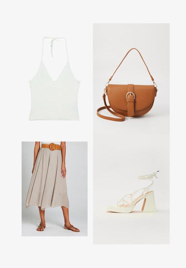 White halter neck tank top with a deep V-neckline. Made from a smooth, lightweight fabric. Features adjustable tie at the back.; Beige A-line midi skirt made of textured fabric, featuring a braided orange belt with a circular buckle and paired with brown flat sandals.; White high-heeled sandal with a chunky heel, featuring a strappy design and ankle tie. Smooth texture with a platform front for added height.; Brown leather crossbody bag with a curved shape, gold hardware, and a buckle accent. Features a detachable shoulder strap.