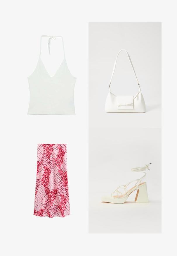 Débardeur blanc à col halter avec un décolleté en V profond. Fabriqué en tissu lisse et léger. Présente un lien ajustable à l'arrière.; Jupe à motif floral présentant des fleurs rouges éclatantes sur un fond blanc. Fabriquée en tissu léger avec un design fluide.; Sandale blanche à talons hauts avec un talon épais, présentant un design à lanières et un lien autour de la cheville. Texture lisse avec une plateforme à l'avant pour une hauteur supplémentaire.; Sac à main synthétique blanc en forme triangulaire, avec un rabat avant plat et un détail en nœud, une bandoulière ajustable, une texture lisse et un design minimaliste.