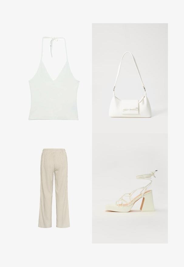 Biely halterneck top s hlbokým V-dekoltom. Vyrobený z hladkej, ľahkej textílie. Obsahuje nastaviteľné viazanie na chrbte.; Svetlo béžové pruhované nohavice s voľným strihom, s elastickým pásom a vertikálnymi čiarami, ktoré vytvárajú textúrovaný vzhľad.; Biele sandále na vysokom opätku s hrubým podpätkom, s pruhovaným dizajnom a viazaním na členku. Hladký povrch s platformou vpredu pre zvýšenú výšku.; Biela syntetická kabelka s trojuholníkovým tvarom, plochým predným klapkou a detailom mašle, nastaviteľným popruhom, hladkou textúrou a minimalistickým dizajnom.