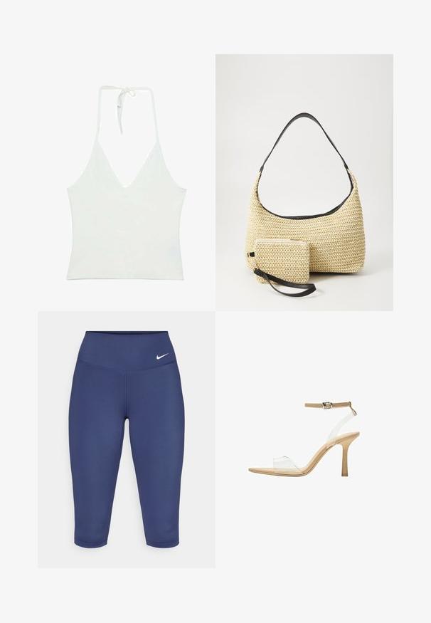 Weißes Top mit Halterneck und tiefem V-Ausschnitt. Aus einem glatten, leichten Stoff gefertigt. Mit verstellbarem Band am Rücken.; Dunkelblaue Capri-Leggings aus dehnbarem Material, mit einem breiten Bund und einem kleinen weißen Logo auf der linken Seite. Keine sichtbaren Nähte.; Durchsichtige Sandale mit transparentem Obermaterial, beigem Fußbett und einem schlanken Knöchelriemen. Sie hat eine spitz zulaufende Zehenpartie und einen dünnen, hohen Absatz.; Geflochtene Strohtasche mit geschwungener Silhouette, ausgestattet mit einem glatten schwarzen Ledergriff und einem passenden kleinen Beutel, der mit einem Handgelenkriemen befestigt ist.