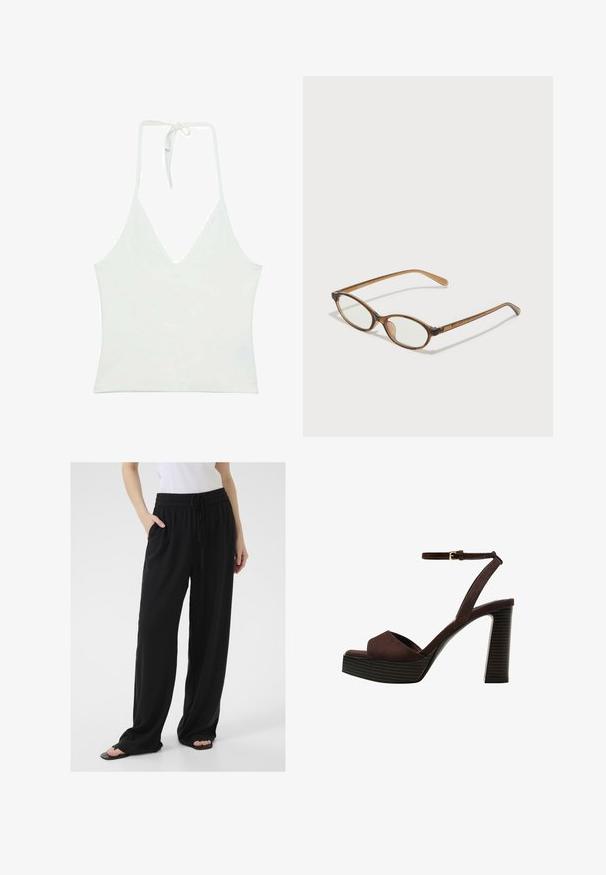 Weißes Top mit Halterneck und tiefem V-Ausschnitt. Aus einem glatten, leichten Stoff gefertigt. Mit verstellbarem Band am Rücken.; Schwarze, lockere Hose aus weichem Stoff mit elastischem Bund, verstellbarem Kordelzug und seitlichen Taschen. Ausgestellte Beinform.; Braune Wildleder-Pumps mit offenem Zeh, verstellbarem Knöchelriemen und gestreiftem Plateausohlen.; Braune Schildpatt-Brille mit ovalen Gläsern, dünnen Bügeln und transparenten Akzenten. Verfügt über ein dezentes Logo am Bügel. Elegantes, leichtes Design.