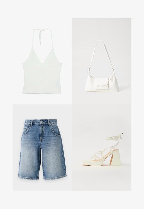 Biely halterneck top s hlbokým V-dekoltom. Vyrobený z hladkej, ľahkej textílie. Obsahuje nastaviteľné viazanie na chrbte.; Džínové šortky v svetlomodrej farbe so strihem rovného strihu, piatimi vreckami a bronzovými doplnkami. Majú roztřepený lem a umývanú textúru.; Biele sandále na vysokom opätku s hrubým podpätkom, s pruhovaným dizajnom a viazaním na členku. Hladký povrch s platformou vpredu pre zvýšenú výšku.; Biela syntetická kabelka s trojuholníkovým tvarom, plochým predným klapkou a detailom mašle, nastaviteľným popruhom, hladkou textúrou a minimalistickým dizajnom.