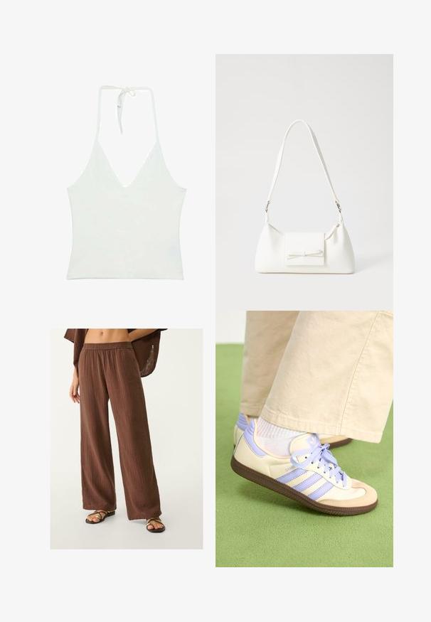 Hvid halterneck tanktop med en dyb V-udskæring. Lavet af et glat, let stof. Har justerbar snøring bagpå.; Brune brede benbukser lavet af et tekstureret stof med elastisk talje. Båret med flade, strappy sandaler.; Creme og lavendel sneakers med tre striber og en tekstureret brun sål, der har snørebånd og en polstret hæl. Blødt stof øvre.; Hvid syntetisk håndtaske med en trekantet form, flad forsideklap og sløjfedetalje, justerbar strop, glat tekstur og minimalistisk design.