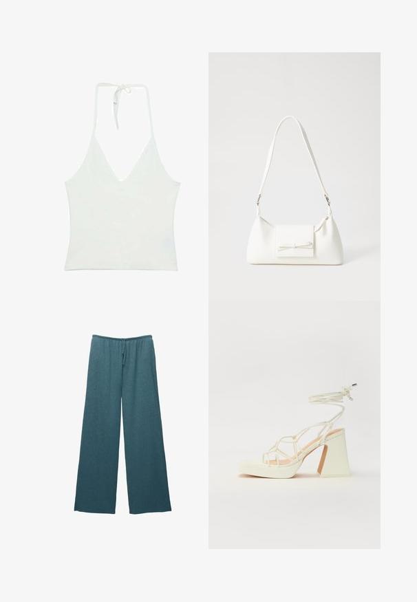 Biały top na halter z głębokim dekoltem w kształcie litery V. Wykonany z gładkiego, lekkiego materiału. Posiada regulowane wiązanie z tyłu.; Szersze spodnie w kolorze lazurowym, wykonane z teksturowanej dzianiny, z elastycznym pasem w talii i sznurkiem do regulacji.; Biała sandał na wysokim obcasie z masywnym słupkiem, z paskowym wzorem i wiązaniem przy kostce. Gładka faktura z platformą z przodu dla dodatkowej wysokości.; Biała syntetyczna torba o trójkątnym kształcie, płaskim przednim klapce i detalach w postaci kokardy, regulowanym pasku, gładkiej fakturze oraz minimalistycznym designie.