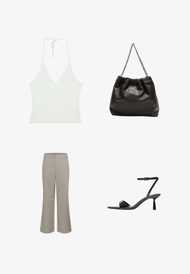 Bela halter top brez rokavov z globokim V-izrezom. Narejena iz gladkega, lahkega materiala. Ima nastavljivo vezanje na hrbtni strani.; Bež hlače do polovice nogavic s ravno zasnovo, narejene iz gladkega blaga. Imajo sprednji žep in čist pas.; Bershka Sandali z visoko peto - black; Rjava usnjena torba z nabranim vrhom in verižnim trakom. Gladka tekstura z sijajno površino in subtilnimi šivi na straneh.; Tri do konice za lase: ena marmorirana v črni in beli barvi, dve iz školjkastega v rjavih in črnih odtenkih, vse narejeno iz sijoče plastike z teksturiranim zaključkom.