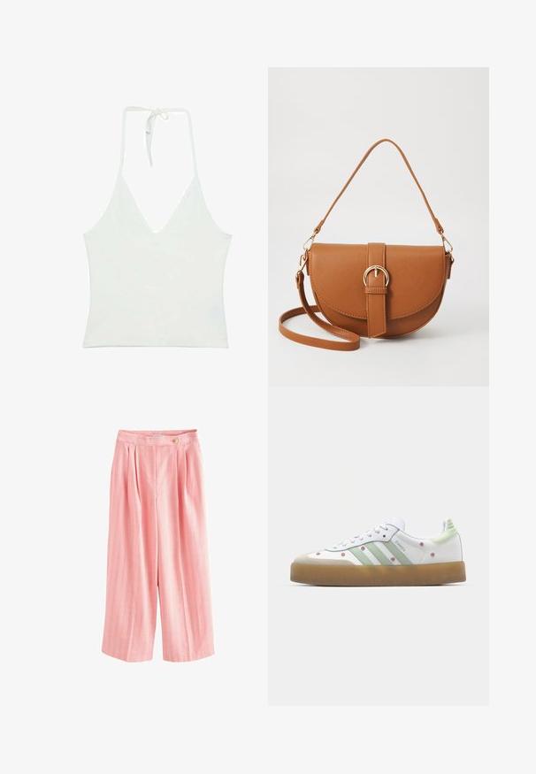 Valkoinen naruolkaiminen toppi syvällä V-pääntiellä. Valmistettu sileästä, kevyestä kankaasta. Varustettu säädettävällä solmulla takana.; Vaaleanpunaiset leveälahkeiset housut, joissa on pystyraidat keltaisena ja valkoisena, laskokset sekä nappikiinnitys vyötäröllä. Pehmeää, teksturoitua kangasta.; Valkoiset lenkkarit vihreillä yksityiskohdilla, kolme raitaa, kukkakirjailu ja kumipohja. Ominaisuudet include pyöreä kärki ja nauhakiinnitys.; Ruskean nahkainen olkalaukku, jossa on kaareva muoto, kultaiset yksityiskohdat ja solkiyksityiskohta. Varustettu irrotettavalla olkahihnalla.