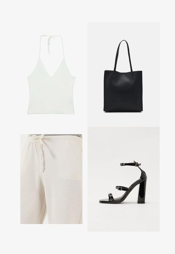 Bela halter top brez rokavov z globokim V-izrezom. Narejena iz gladkega, lahkega materiala. Ima nastavljivo vezanje na hrbtni strani.; LELA REGULAR FIT - Hlače - beige; Črne lakirane sandale s peto, kvadratnim prstom, trakovi okrog gležnja in srebrnimi zaponkami. Opremljene so s stabilno Debelo peto.; Črna usnjena torba s svilnato teksturo, pravokotne oblike in dvema dolgima ročajema. Brez vidnih metalnih delov ali okrasnih elementov.