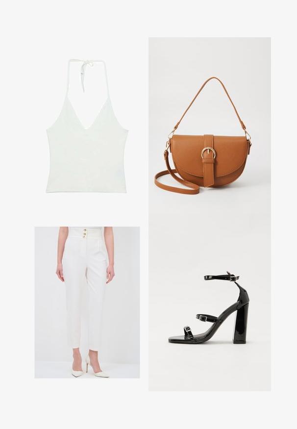 Top bianco con scollatura a V profonda e spalline a halter. Realizzato in un tessuto leggero e morbido. Presenta una chiusura regolabile con lacci sul retro.; adL Pantaloni - white; Sandali con tacco alto in vernice nera con due cinturini con fibbia, punta quadrata e tacco spesso a blocco, caratterizzati da una texture liscia e lucida.; Borsa a tracolla in pelle marrone con forma curvata, hardware dorato e un dettaglio con fibbia. Presenta una tracolla rimovibile.