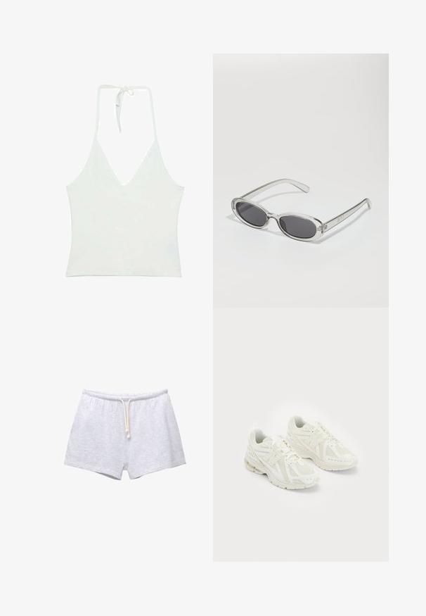 Bela halter top brez rokavov z globokim V-izrezom. Narejena iz gladkega, lahkega materiala. Ima nastavljivo vezanje na hrbtni strani.; Sive bombažne kratke hlače z elastičnim pasom in vrvico. Gladka tekstura in preprost dizajn, brez vzorcev ali dodatkov.; Beli športni copati iz mrežastih in sintetičnih materialov, z vezalkami, oblazinjenim ovratnikom in strukturiranim podplatom za oprijem. Lahka konstrukcija.; Sončna očala ovalne oblike, prozoren plastičen okvir, temno sivi leči in tanke prozorne roke z logotipnimi akcenti in minimalnimi detajli.; Rjava usnjena torbica prek telesa s ukrivljeno obliko, zlate opreme in sponko. Ima odstranljiv naramni trak.