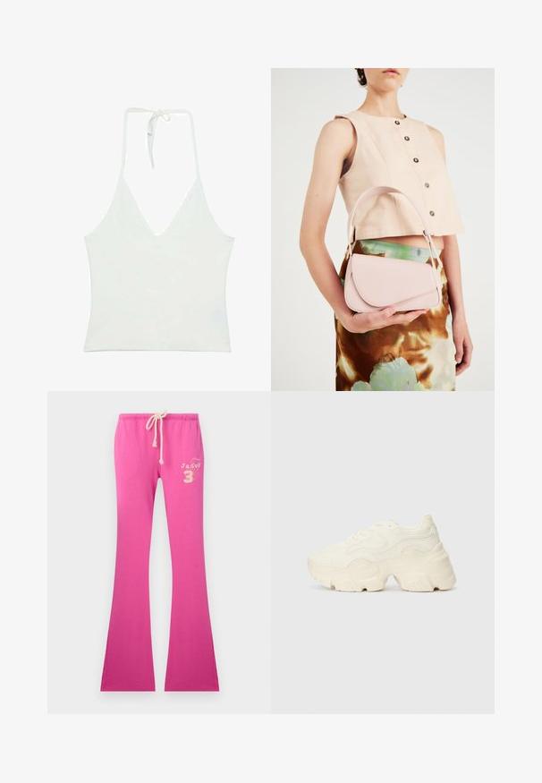 Weißes Top mit Halterneck und tiefem V-Ausschnitt. Aus einem glatten, leichten Stoff gefertigt. Mit verstellbarem Band am Rücken.; Rosa ausgestellte Sweatpants mit einem Kordelzugbund, ausgestattet mit einer weichen Textur und einer bestickten Design auf der linken Seite.; Flockige weiße Sneaker aus strukturiertem Mesh und synthetischen Materialien, mit einer dicken Sohle und komplizierten Mustern entlang der Seiten.; Rosa Lederhandtasche mit gewölbtem Deckel, einem Schulterriemen und klaren Linien. Die Tasche zeigt eine glatte Textur und ein minimalistisches Design.