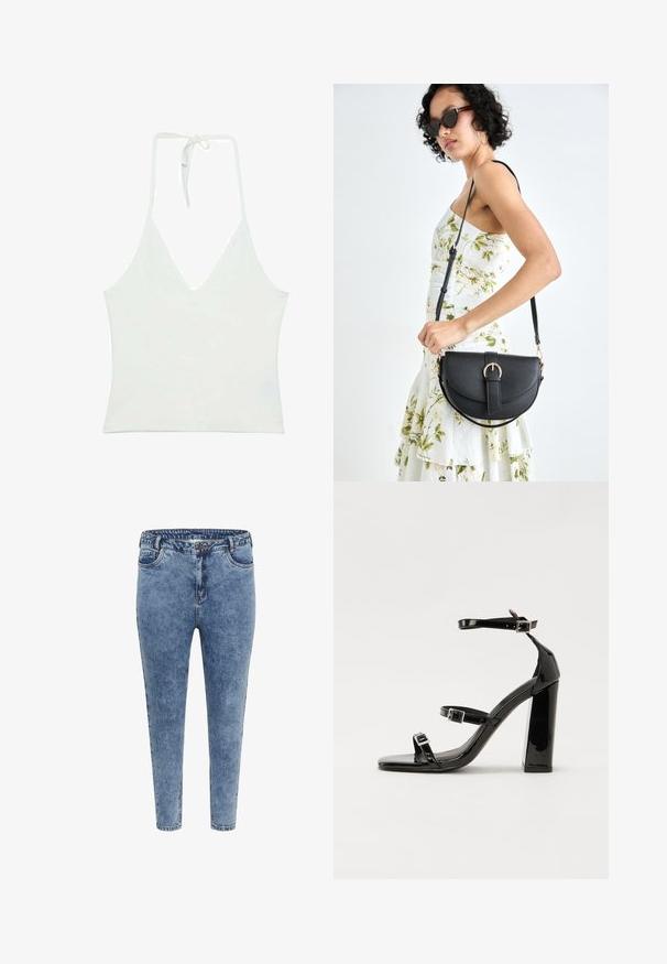 Vitt halternecklinne med djup V-ringning. Tillverkat av ett mjukt, lätt material. Har justerbar knytning i ryggen.; Blå denim skinny jeans med hög midja, fem fickor och dragkedjestängning. Tyget har en lätt blekt textur med kontrasterande sömmar.; Svarta lackerade högklackade sandaler med två spännband, fyrkantig tå och en tjock klack, med en slät och glansig yta.; Svart läderhandväska med en böjd form, avtagbar rem och guldiga detaljer. Väskan har ett lock med en spänndetalj.