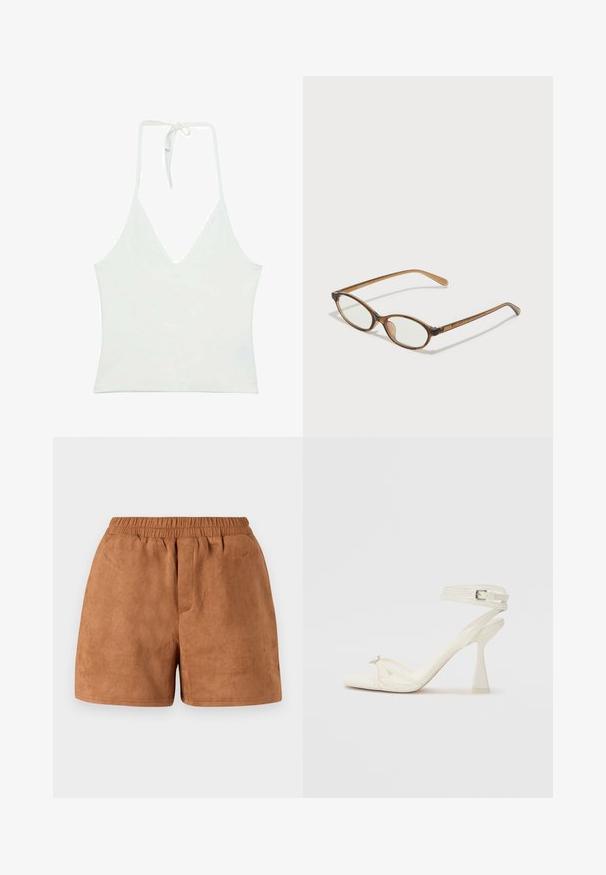 Top bianco con scollatura a V profonda e spalline a halter. Realizzato in un tessuto leggero e morbido. Presenta una chiusura regolabile con lacci sul retro.; Shorts in camoscio marrone con vita elasticizzata, caratterizzati da una vestibilità rilassata e una texture liscia. Design semplice, adatto per l'abbigliamento casual.; Sandalo con tacco alto e fasce in pelle bianca, dal design elegante, con un tacco a blocco trasparente e un elemento decorativo sulla punta.; Occhiali tortoiseshell marroni con lenti ovali, aste sottili e dettagli trasparenti. Presentano un logo sottile sulla tempia. Design elegante e leggero.; Borsa a mano bianca strutturata con manici corti e tracolla, dotata di dettagli in metallo dorato e materiale testurizzato, esposta su uno sfondo grigio.