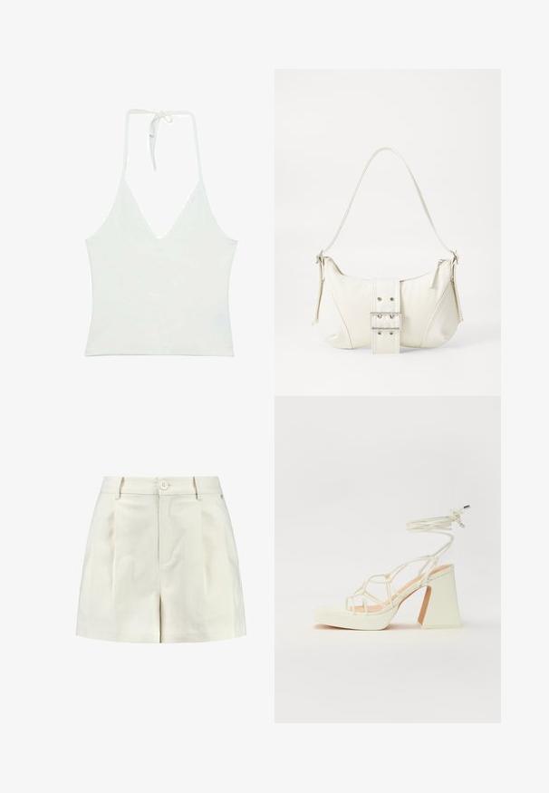Bílý top na halter s hlubokým výstřihem do V. Vyrobený z hladké, lehké látky. Obsahuje nastavitelné zavazování na zádech.; Bílé kraťasy vyrobené z texturované látky, s plochým předním dílem, dvěma postranními kapsami a jedním knoflíkem na zapínání v pase.; Bílé sandály na vysokém podpatku s robustním podpatkem, s designem s pásky a zavazováním kolem kotníku. Hladký povrch s platformou vpředu pro zvýšení výšky.; Bílá kabelka na rameno s texturovaným povrchem, centrálním akcentem v podobě spony a zakřiveným tvarem. Zipové uzávěry na obou stranách.