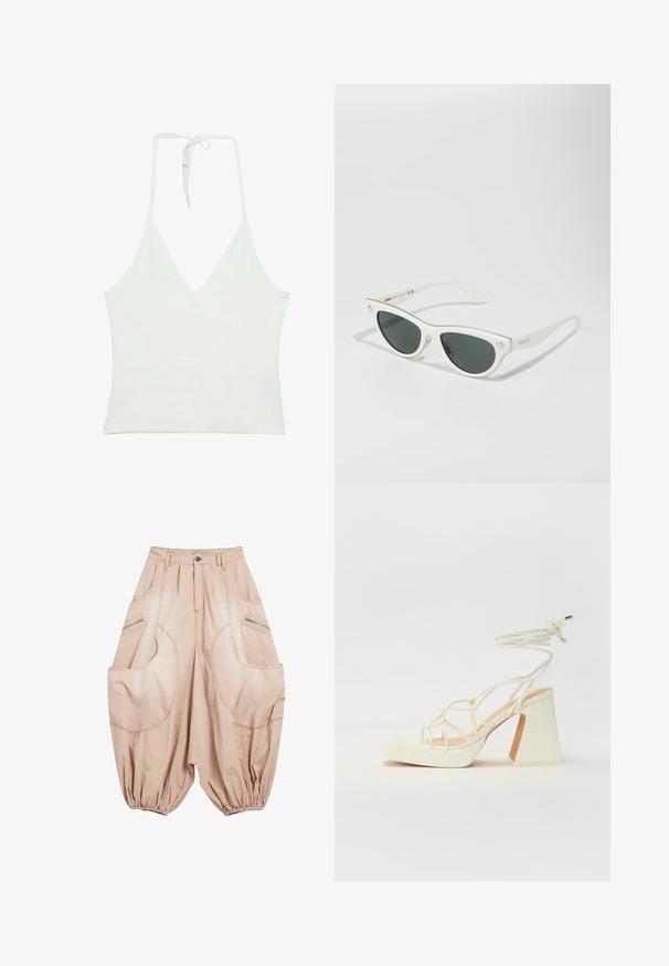Biały top na halter z głębokim dekoltem w kształcie litery V. Wykonany z gładkiego, lekkiego materiału. Posiada regulowane wiązanie z tyłu.; Beżowe luźne spodnie wykonane z lekkiego materiału, z dużymi kieszeniami, elastycznymi mankietami i widocznymi akcentami szwów.; Biała sandał na wysokim obcasie z masywnym słupkiem, z paskowym wzorem i wiązaniem przy kostce. Gładka faktura z platformą z przodu dla dodatkowej wysokości.; Białe okulary przeciwsłoneczne w kształcie kociego oka z ciemnymi soczewkami, złote akcenty na oprawie oraz logo na boku. Gładki materiał plastikowy.