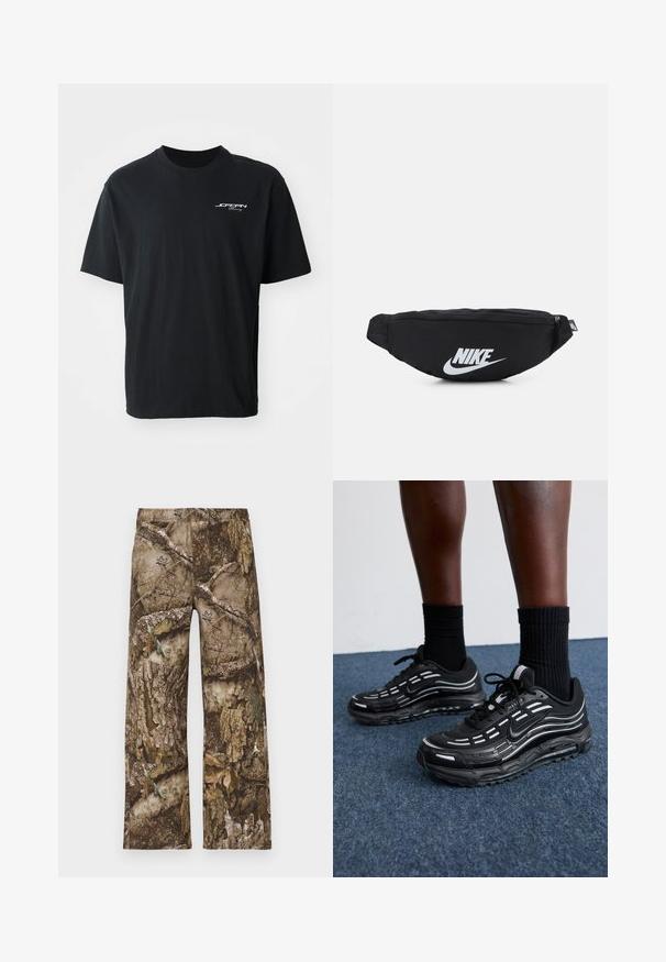 Camiseta de algodão preta com decote redondo, mangas curtas, corte descontraído e texto em branco no lado esquerdo do peito. Sem padrões ou detalhes.; Calças com padrão camuflado em castanho, apresentando um design de pernas largas e um cinturão elástico. O material assemelha-se à casca de árvore texturizada com acentos de folhas.; Os sapatos pretos da Nike apresentam um upper em malha com riscas de destaque, atacadores texturizados e uma sola de borracha preta. Usados com meias pretas caneladas.; Mochila de cintura preta em nylon com fecho com zíper, apresentando um grande logótipo branco da Nike. Textura suave e design ergonómico para um uso confortável.