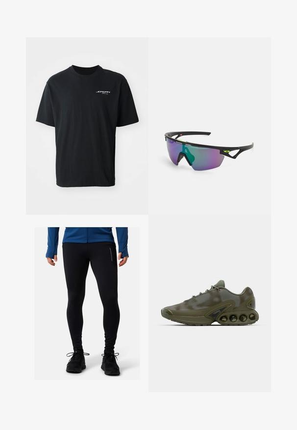 Musta puuvillapaita, jossa on pyöreä kaula-aukko, lyhyet hihat, rento malli ja valkoista logo-tekstiä vasemmassa rintapielessä. Ei kuvioita tai yksityiskohtia.; Mustat urheilulegginsit, jotka on valmistettu joustavasta kankaasta, ja joissa on vartalonmyötäinen muotoilu sekä sivullinen logoyksityiskohta. Yhdistetty mustien urheilukenkien kanssa.; Tummanvihreä urheilukengä, jossa on teksturoitu päällinen, nauhakiinnitys ja erottuva pohja, jossa on kuusi näkyvää ilmanvaimennusyksikköä.; Urheilulasit mustalla kehyksellä, suuret liukuväriset linssit, joissa on purppuran- ja vihreänsävyjä, sekä kulmikkaat muotoilun yksityiskohdat, joissa on logotieto.