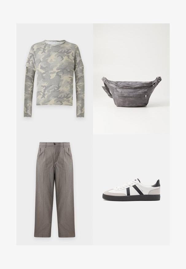 Siva vojažno kamuflažna majica s dolgimi rokavi, okroglim izrezom in rahlo spuščeno ramo. Narejena je iz mehkega blaga z gladko teksturo.; Hlače z grafičnim vzorcem houndstooth v sivi barvi, ravno krojene, z naborki, pasom z gumbom ter stranskimi žepi.; Bela športna obutev z črnimi in sivo akcenti, z teksturirano sivo kapico za prste, črnim gumijastim podplatom in ravnimi belimi vezalkami. Čista zasnova, minimalistični slog.; Sivkasta zamšasta torbica s okroglo obliko, dvema žepoma na zadrgo in nastavljivim trakom. Ima kovinske dodatke.