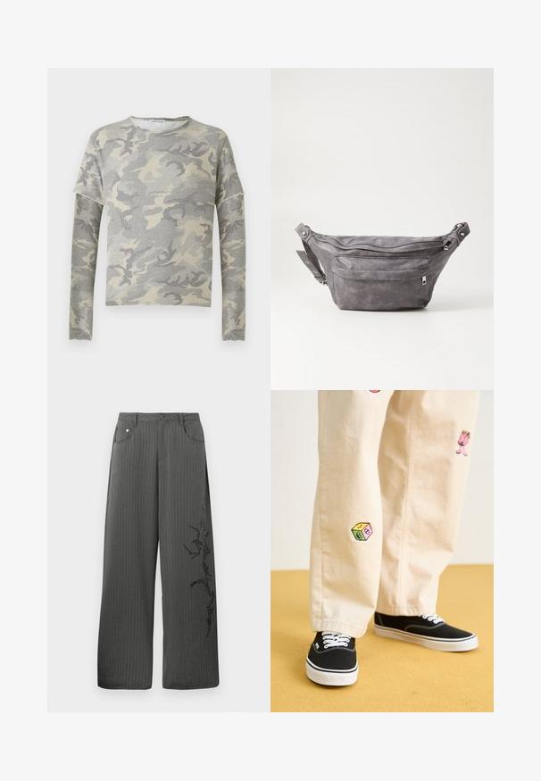 Sivá maskáčová mikina s dlhými rukávmi, okrúhlym výstrihom a jemne spusteným ramenným strihom. Vyrobená z mäkkej tkaniny s hladkou textúrou.; Široké nohavice s prúžkami v tmavosivej farbe, s prednými vreckami a čiernou dekoratívnou potlačou na ľavej strane.; Béžové bavlnené nohavice s hravými vyšívanými vzormi vrátane ružovej postavy a farebného bloku, skombinované s čiernymi šnurovacími teniskami.; Sivá semišová ľadvinka s okrúhlym tvarom, dvoma zipsovými priehradkami a nastaviteľným popruhom. Obsahuje kovové prvky.