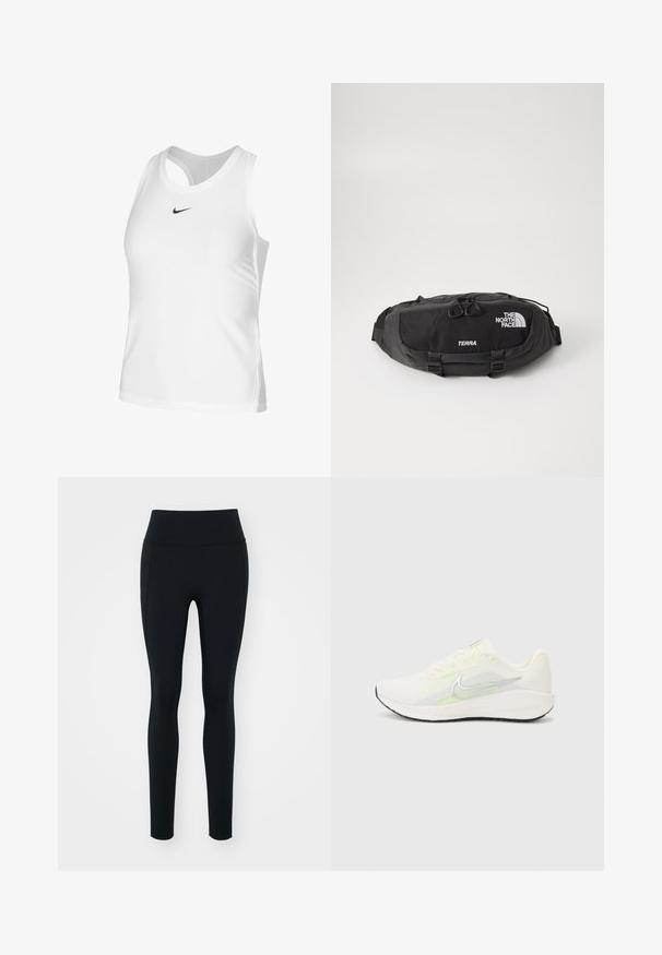 Bílý sportovní top bez rukávů vyrobený z hladkého materiálu, s kulatým výstřihem, otevřeným zádovým dílem a malým černým logem Nike na hrudi.; Černé legíny vyrobené z elastického materiálu s vysokým pasem. Hladká textura, přiléhavý střih a žádné viditelné ozdoby nebo vzory.; Nike Performance DOWNSHIFTER 13 - Silniční běžecké boty - sail/silver-coloured photon dust/summit white/barely volt/black; Černá ledvinka vyrobená z odolného nylonového materiálu, s kapsou na zip s dvojitým tahem a kontrastním bílým logem a textem. Kompaktní design s nastavitelnými popruhy.