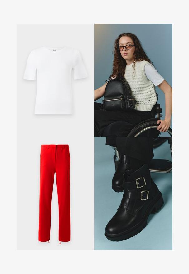 Ein schlichtes, weißes T-Shirt mit kurzen Ärmeln und Rundhalsausschnitt, gerade geschnitten, mit einem GAP-Label im Kragen auf einem hellen Hintergrund.; Rote Hosen aus glattem, elastischem Stoff. Sie verfügen über eine flache Vorderseite mit einem verdeckten Reißverschluss, gerade Beine und verstellbare Zugbänder an den Säumen.; Schwarze Lederstiefeletten mit zwei verstellbaren Schnallen, strukturiertem Sohlenprofil und runder Zehenpartie. Entworfen für Langlebigkeit und Stabilität.; Schwarzer Leder-Rucksack mit doppelten Reißverschlüssen, runder Form und goldenen Akzenten. Modell in einem weißen Strickweste, sitzt im Rollstuhl.; Sechs Paare von goldenen Creolen in zwei Spalten nach Größe angeordnet, auf einem weißen Hintergrund mit einem glatten, klobigen Design.