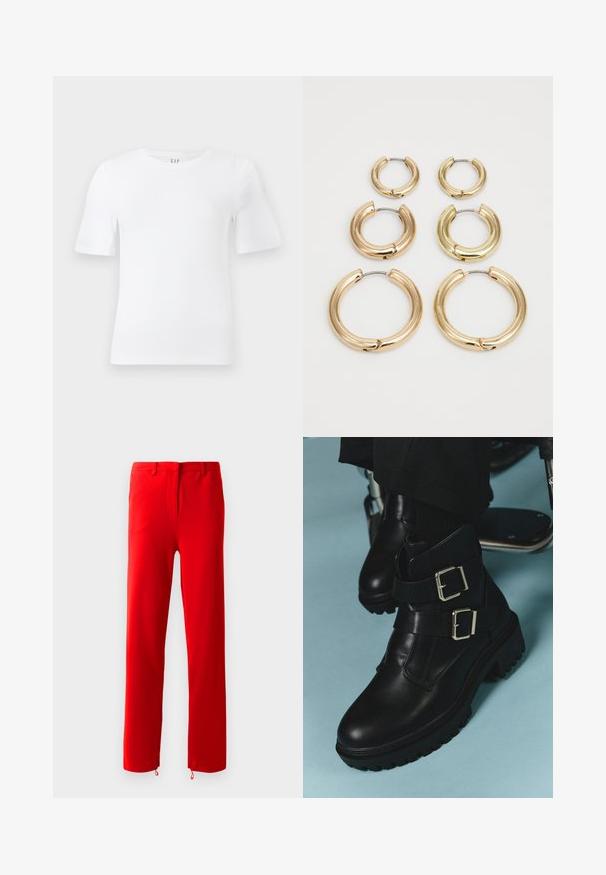 Biely krátky rukáv pánsky tričko s okrúhlym výstrihom, s rovnými okrajmi a s nášivkou GAP vo vnútri goliera na svetlom pozadí.; Červené nohavice vyrobené z hladkej, elastickej látky. Majú plochý predný diel so skrytým zipsom, rovné nohavice a nastaviteľné úchytky na lemoch.; Čierne kožené členkové čižmy s dvoma nastaviteľnými prackami, textúrovanou podrážkou a zaoblenou špičkou. Navrhnuté pre trvanlivosť a stabilitu.; Šesť párov zlatých kruhových náušníc usporiadaných podľa veľkosti v dvoch stĺpcoch na bielom pozadí, s hladkým, robustným dizajnom.