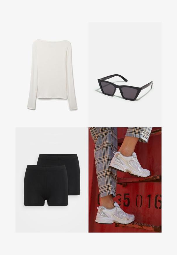 Dlouhý rukáv top z hebké bílé látky. Má široký výstřih, rovný spodní lem a hladkou texturu bez viditelných ozdob nebo vzorů.; Černé bavlněné kraťasy s elastickým pasem, které mají hladkou texturu a jednoduchý, elegantní design. Balení obsahuje dvě dvojice.; Bílé síťované tenisky se stříbrnými akcenty a texturovanou podrážkou, umístěné na červeném povrchu, zkombinované s kostkovanými kalhotami.; Černé, ostré sluneční brýle s šedými skly; vyrobené z plastu, s mohutnými rameny a hladkým povrchem bez viditelného hardwaru.