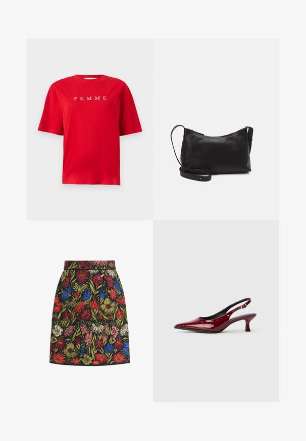 Raudona medvilninė marškinėliai trumpomis rankovėmis, ant krūtinės baltomis raidėmis užrašytas žodis "FEMME". Paprastas, laisvas siluetas.; Gėlėto rašto sijonas su juodu fonu, spalvingomis gėlėmis raudonos, mėlynos, rožinės ir žalios spalvų, su pritaikytu juosmens diržu ir A formos siluetu.; Burgundiško lakuoto odos slingback kulniukai su smailiu smailiu ir elegantišku stiletto kulnu. Atvira nugaros konstrukcija su reguliuojamu kulkšnies dirželiu.; Juodas odinis petinis krepšys su lygiu paviršiumi, išlenkta forma, reguliuojama dirželiu ir užtrauktuku. Minimalistinis dizainas be puošmenų.; Penkių auksinių auskarų rinkinys, pasižymintis įvairiais dizainais: suktos, briaunotos ir lygios paviršiai, kilpos ir pusmėnulio formos.