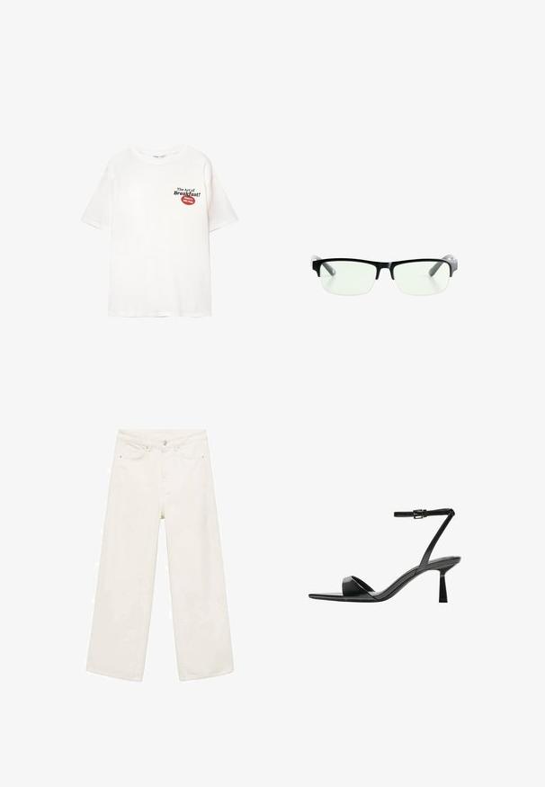 White short-sleeve T-shirt with black text "The Art of Breakfast!" and red label reading "Vitamin C & Carbs, Please" on the chest.; Wide-leg white denim trousers featuring a five-pocket design, metal button closure, and clean stitching detailing.; Bershka High heeled sandals - black; Black rectangular eyeglasses with clear lenses, featuring sleek black frames and gray transparent temple tips. Minimalist design, no visible branding.; Bershka WITH CHAIN - Handbag - black