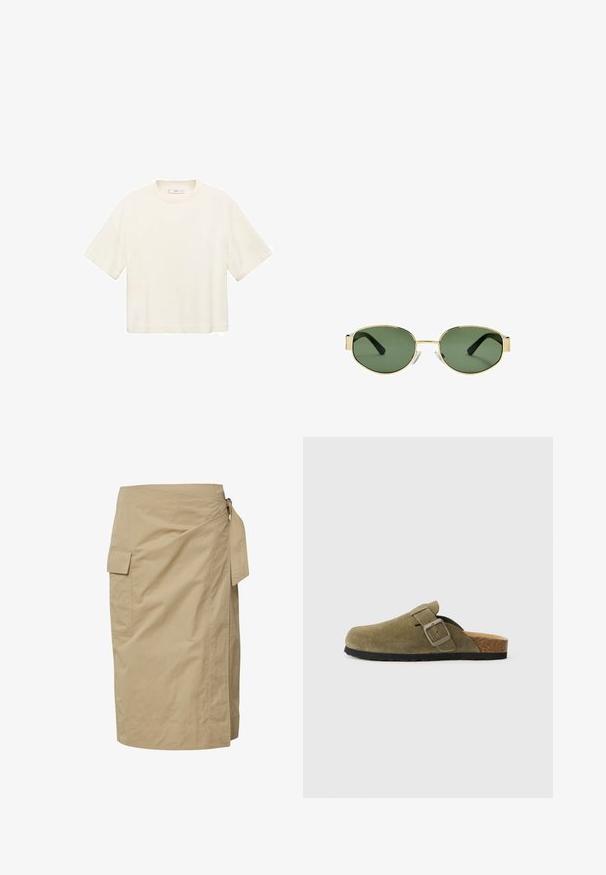 T-shirt cropped à manches courtes en blanc cassé. Fabriqué en tissu doux avec un col rond et une coupe décontractée. Aucun motif ni détail matériel visible.; Jupe enveloppante beige en tissu léger, dotée d'une attache latérale et d'une poche sur le côté gauche, avec une texture simple et lisse.; Sabot en daim vert olive avec sangle réglable et boucle carrée, semelle en liège et semelle en caoutchouc noire. Design à bout rond.; Lunettes de soleil avec monture en métal doré et verres teintés verts, de forme ovale, avec branches noires et plaquettes de nez transparentes. Design épuré et minimaliste.; Sac en cuir noir avec des accents en métal doré, doté d'un fermoir signature, d'une bandoulière amovible et d'une surface texturée.