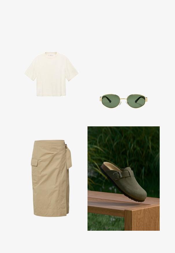 Kurzes, cropped T-Shirt in Off-White. Aus weichem Stoff mit Rundhalsausschnitt und lässiger Passform. Keine sichtbaren Muster oder Hardware-Details.; Beige Wickelrock aus leichtem Stoff, mit seitlichem Bindeband und einer Tasche auf der linken Seite, mit einer einfachen, glatten Textur.; Grüne Wildleder-Mules mit einer abgerundeten Spitze, verstellbarem Metallverschluss und einem konturierten Korkfußbett. Strukturierte Sohle auf einer Holzoberfläche.; Sonnenbrille mit goldfarbenem Metallrahmen, grünen getönten Gläsern, ovaler Form, schwarzen Bügeln und klaren Nasenpads. Sauberes, minimalistisches Design.; Schwarze Lederhandtasche mit goldenen Hardware-Akzenten, ausgestattet mit einem charakteristischen Verschluss, einem abnehmbaren Schultergurt und einer strukturierten Oberfläche.
