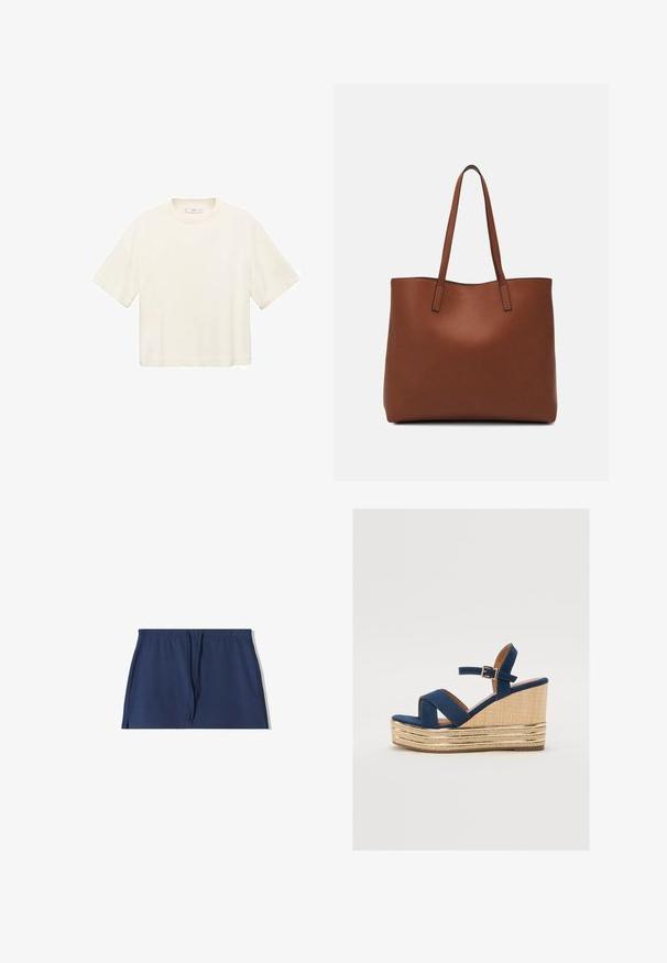 Kratka majica s kratkimi rokavi v odtenku off-white. Narejena iz mehkega blaga z zaobljenim ovratnikom in sproščenim krojem. Brez vidnih vzorcev ali dodatkov.; Temno modri bombažni kratki hlače z vrvico v pasu, bočnimi razporki in gladko teksturo. Enostaven dizajn brez vidnih vzorcev ali dodatkov.; Navy modri klinasti sandala s prečnimi trakovi, teksturirano naravno vlaknasto platformo in zlatim metalnim dekorativnim delom na dnu.; Rjava usnjena torba z gladko teksturo, odprto zasnovo zgoraj in dvema naramnima trakovoma. Opremljena je z minimalnim šivanjem in brez vidnih kovinskih delov.