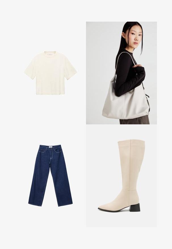 Kurzes, cropped T-Shirt in Off-White. Aus weichem Stoff mit Rundhalsausschnitt und lässiger Passform. Keine sichtbaren Muster oder Hardware-Details.; Hellebänder aus dunkelblauem Denim mit Knopfverschluss, fünf Taschen und kontrastierenden weißen Nähten. Der Stoff hat eine glatte, leicht strukturierte Oberfläche.; RAID ATTICO - Stiefel - cream; Beige Handtasche aus weichem Material, mit einem lässigen Design, gesteppten Details und zwei Schulterriemen. Geeignet für den täglichen Gebrauch.