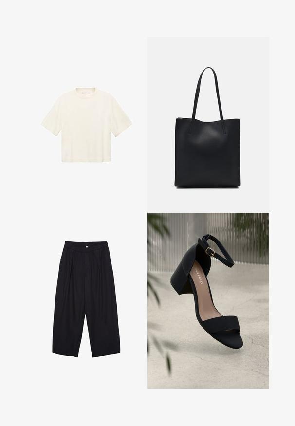 Koszulka krótko rękawowa, krótka w kolorze off-white. Wykonana z miękkiej tkaniny, z okrągłym dekoltem i luźnym krojem. Brak widocznych wzorów lub elementów sprzętowych.; Czarne spodnie culotte z poliestru z elastycznym pasem, dwoma fałdami z przodu i luźnym krojem. Brak widocznych wzorów lub elementów metalowych.; Czarna sandał na obcasie z szerokim paskiem i paskiem na kostce, charakteryzująca się matową fakturą i słupkowym obcasem. Logo marki widoczne na wkładce.; Czarna skórzana torba tote o gładkiej fakturze, prostokątnym kształcie i dwóch długich uchwytach. Brak widocznych elementów metalowych i ozdób.