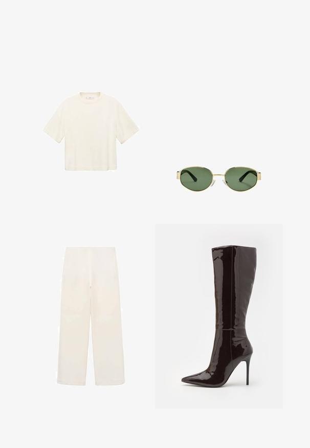 Kortsleeve, cropped t-shirt i off-white. Lavet af blødt stof med en rund halsudskæring og afslappet pasform. Ingen synlige mønstre eller hardwaredetaljer.; Bredde ben bukser i cremefarvet stof. Glat tekstur med elastisk talje. Ingen synlige sømme eller hardware. Simpel, minimalistisk design.; Even&Odd Højhælede støvler - dark brown; Solfarvede solbriller med guldmetalramme, grønne linser, oval form, sorte stænger og klare næsepuder. Rent, minimalistisk design.; Sorte læderhåndtaske med et gyldent hardware-udstyr, der har en signaturlås, en aftagelig skulderrem og en tekstureret overflade.