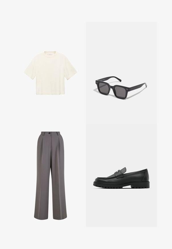 Koszulka krótko rękawowa, krótka w kolorze off-white. Wykonana z miękkiej tkaniny, z okrągłym dekoltem i luźnym krojem. Brak widocznych wzorów lub elementów sprzętowych.; Spodnie o szerokich nogawkach w szarym materiale, z fałdami z przodu, jednym zapięciem na guzik i kieszeniami bocznymi. Gładka tekstura i dopasowany krój.; Czarne skórzane mokasyny z zaokrąglonym noskiem, posiadające przeszywany wzór, niską platformę oraz teksturowaną, gumową podeszwę z bieżnikiem.; Czarne prostokątne okulary przeciwsłoneczne z ciemnymi soczewkami, charakteryzujące się grubą oprawką, subtelnymi akcentami po bokach i brakiem widocznych logo poza nazwą marki.; Czarna torba na ramię wykonana z gładkiego materiału, z klapą na złożeniu, srebrnymi zapięciami i regulowanym paskiem na ramię.