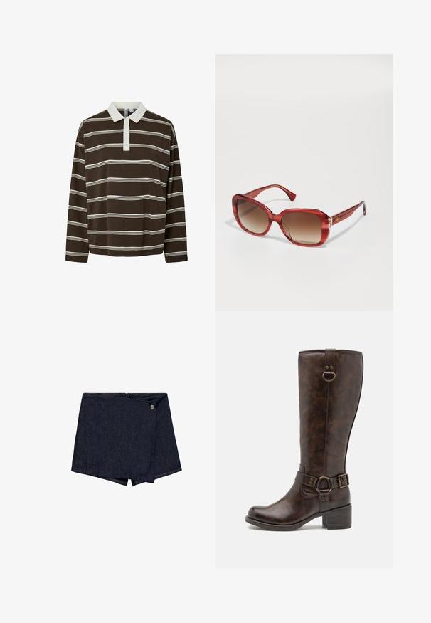 Brązowa polo z długim rękawem, z poziomymi białymi paskami, kontrastowym białym kołnierzykiem i zapięciem na trzy guziki. Miękka faktura materiału.; Ciemnoniebieskie szorty dżinsowe z krojem typu wrap i akcentem w postaci guzika z przodu. Posiadają czysty szew i gładką teksturę.; Brązowe skórzane botki do kolan z zaokrąglonym czubkiem, dekoracyjnym paskiem, okrągłym elementem metalowym i niskim, blokowym obcasem. Gładka tekstura na całej powierzchni.; Czerwone, oversize okulary przeciwsłoneczne z gradientowymi brązowymi soczewkami. Gładka plastikowa oprawka z delikatnymi paskami, złote akcenty logo na zausznicach.; Ciemnoniebieska torba dżinsowa o miękkim, luźnym kształcie, z uchwytem w stylu hobo i teksturowaną powierzchnią. Brak widocznych akcentów z metalu.