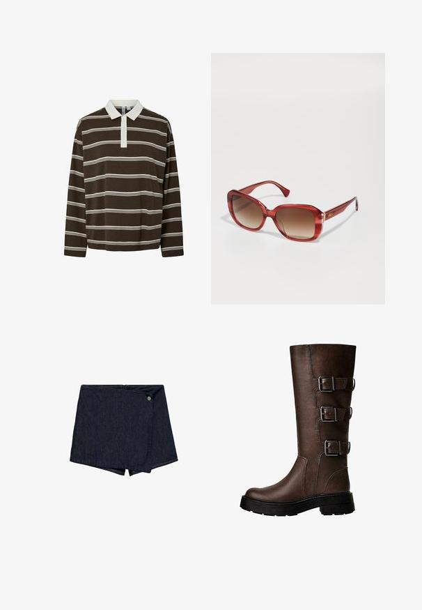 Bruine lange mouwen polo met horizontale witte strepen, een contrasterende witte kraag en een knoopsluiting met drie knopen. Zachte stofstructuur.; Donkerdenim korte broek met een wikkeldesign en een vooraanzicht met een knoopaccent. Kenmerkt zich door een schone zoom en een gladde textuur.; Bruine leren kniehoge laars met drie metalen gespen, textuur op de oppervlakte, ronde neus en stevige zool voor stabiliteit.; Rode oversized zonnebril met een verloop van bruine lenzen. Gladde kunststof frame met subtiele strepen, gouden logo-accent op de slapen.