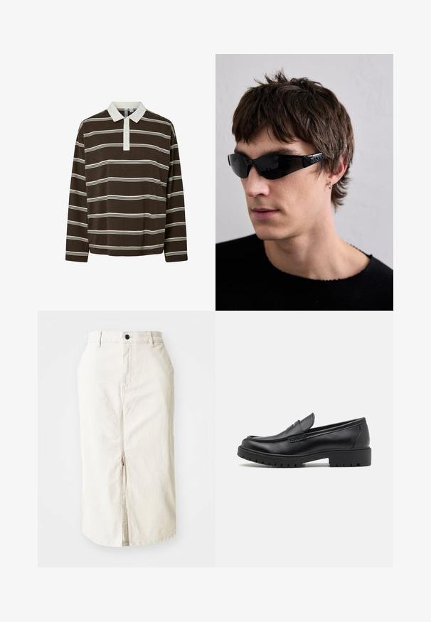 Brūns garās piedurknes polo krekls ar horizontālām baltām svītrām, kontrastējošu baltu apkakli un trīs pogu aizdaresi. Mīksta auduma tekstūra.; Bežs kokvilnas midi svārki ar priekšējo šķēlumu, augšējo pogas aizdari un bez redzamām kabatām. Plakans jostasvieta un gluda tekstūra.; Melni ādas loafers ar noapaļotu pirkstu, viegli uzvelkami, un biezu gumijas zoli ar teksturētu saķeri. Pacelta papēža un diskrētas šuvju detaļas.; Melnas saulesbrilles ar elegantu, apvērsto dizainu un spīdīgu apdari. Tām ir logotipa detaļas uz kājiņām un viegla rāmis.; Gaišbēšas kanvas auduma somiņa ar divām rokturiem, priekšpusē baltā krāsā ir izdrukāts "SAMSOE" logo. Taisnstūra forma ar vienkāršu dizainu.