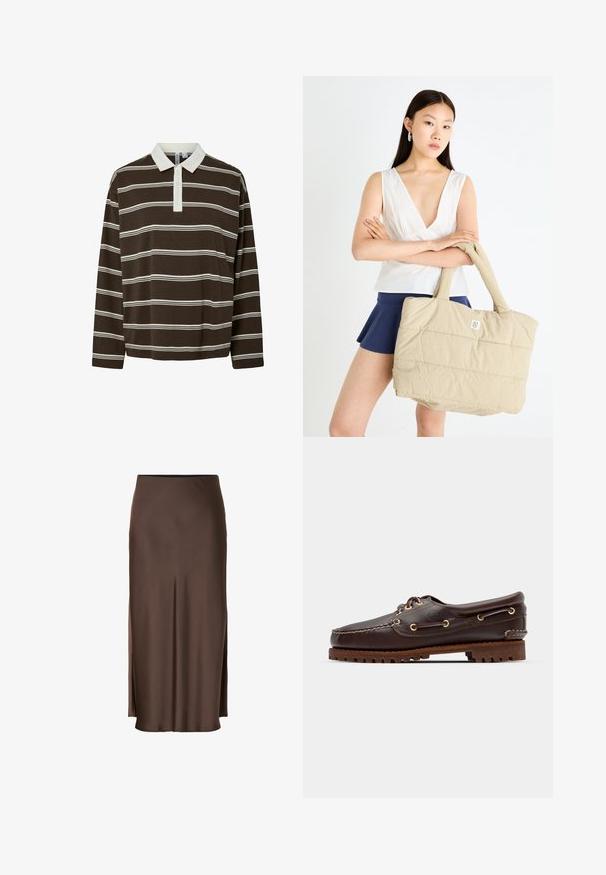 Hnědá polokošile s dlouhým rukávem, která má horizontální bílé pruhy, kontrastní bílý límec a tříknoflíkovou légu. Měkká textura materiálu.; Hnědá saténová sukně s rovnými liniemi, která má boční rozparky pro snadný pohyb a hladkou strukturu po celé látce.; Hnědé kožené lodní boty se zlatými očky, kulatými tkaničkami a texturovanou hnědou gumovou podrážkou. Obsahují zašitý detail a vyvýšené logo.; Krémová prošívaná taška přes rameno s polstrovanou texturou a pevnými uchy, s malým logem na přední straně. Modelka má na sobě bílý top a námořnickou sukni.