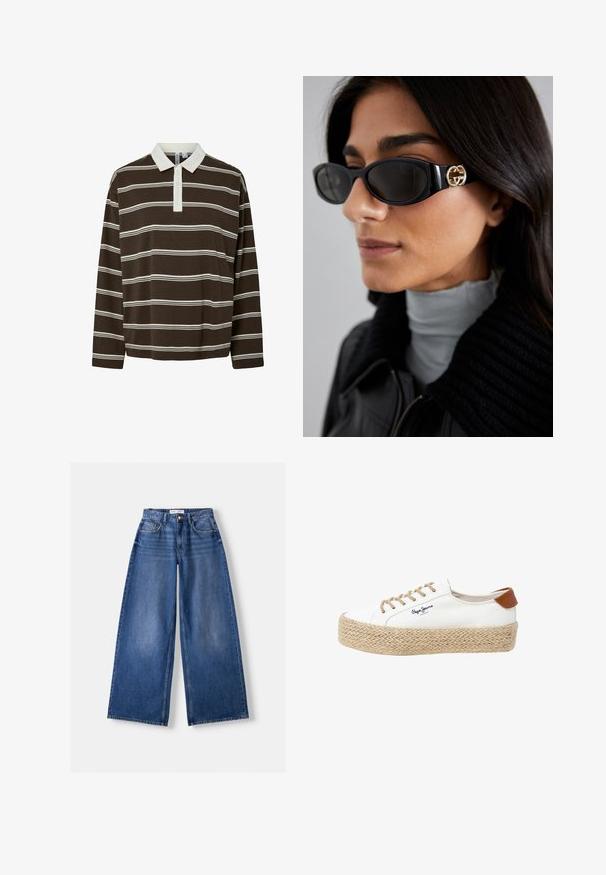 Brun långärmad polo t-shirt med horisontella vita ränder, en kontrasterande vit krage och en treknappslå. Mjuk tygkvalitet.; Bershka WIDE-LEG - Wide leg - dark blue; Vita canvas sneakers med en vävd juteplattformssula, med bruna läderdetaljer och beige snörning. "Pepe Jeans"-logotyp på sidan.; Svarta solglasögon med en elegant rektangulär ram och en guldfärgad logotypaccent på sidan. Mörka linser och en blank yta är framträdande.