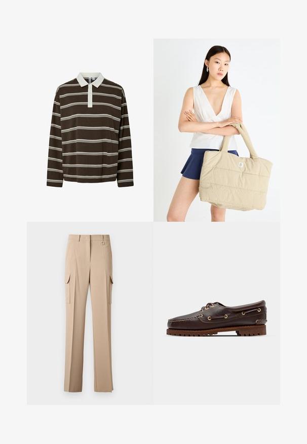 Pruun pikaa varrukat polo särk, millel on horisontaalsed valged triibud, kontrastne valge krae ja kolme nupuga nööpkragent. Pehme kangastekstuuri.; Beezid värvi cargo püksid, millel on kaks külgmist taskut, lame eesmine osa ja ruudukujuline metallist aktsent vöökoht. Valmistatud siledast ja kergest kangast.; Pruun nahkne paadisuss kuldsete silmadega, ümmarguste nööridega ja tekstuuriga pruuni kummitaldiga. Omab õmmeldud detaile ja väljaulatuvat logo.; Beež voodriga kootud kott, millel on pehme tekstuur ja tugevad käepidemed, esiküljel väike logo. Mudel kannab valget toppi ja tumedat sinist seelikut.