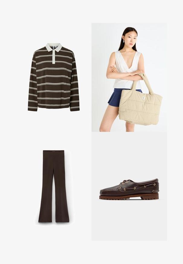 Bruine lange mouwen polo met horizontale witte strepen, een contrasterende witte kraag en een knoopsluiting met drie knopen. Zachte stofstructuur.; Bruine flared broek van rekbare stof met een hoge tailleband. Gladde textuur met stiksel details die langs de benen lopen.; Bruine leren bootsschoen met gouden oogjes, ronde veters en een gestructureerde bruine rubberen zool. Kenmerkt zich door gestikte details en een verhoogd logo.; Beige quilted schoudertas met een gewatteerde textuur en stevige handgrepen, met een klein logo aan de voorkant. Model draagt een witte top en een marineblauwe rok.