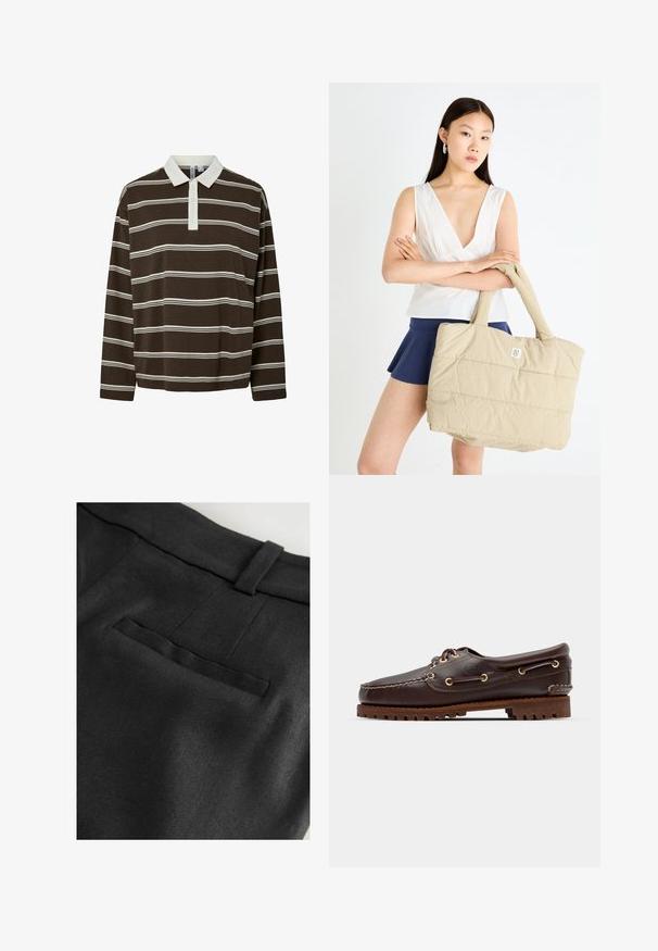 Polo shirt marron à manches longues avec des rayures blanches horizontales, un col blanc contrastant et une patte de boutonnage à trois boutons. Texture de tissu douce.; Next RICH TAILORED JORT - Short - black; Bateau en cuir marron avec des œillets dorés, des lacets ronds et une semelle en caoutchouc marron texturée. Présente des détails de couture et un logo en relief.; Sac fourre-tout beige matelassé avec texture rembourrée et poignées robustes, affichant un petit logo sur le devant. Modèle portant un haut blanc et une jupe bleu marine.