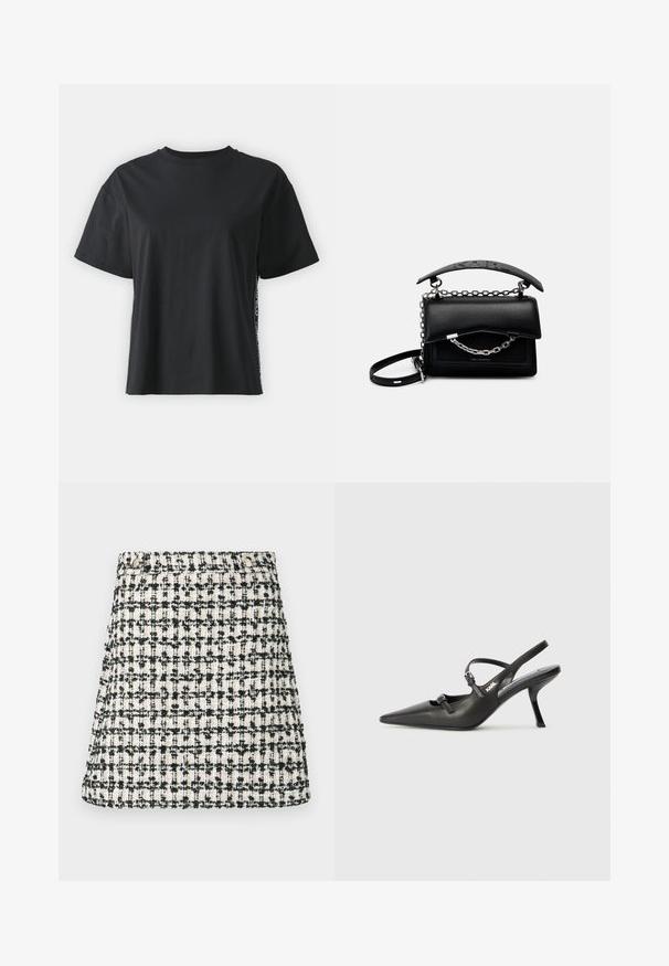 T-shirt en coton noir à manches courtes avec une coupe décontractée et un panneau latéral contrastant comportant un petit texte et des détails de design.; Jupe tissée en tweed beige et noir. Coupe droite avec un léger évasement à l'ourlet. Dotée d'une ceinture avec un détail bouton.; Talons slingback en cuir noir avec un bout pointu, un talon fin et un détail de boucle décorative sur le vamp. Texture lisse et design épuré.; Sac à main en cuir noir avec un design structuré, des accents en chaîne et en anse, et une surface texturée. Doté d'une fermeture à rabat avec une marque visible.