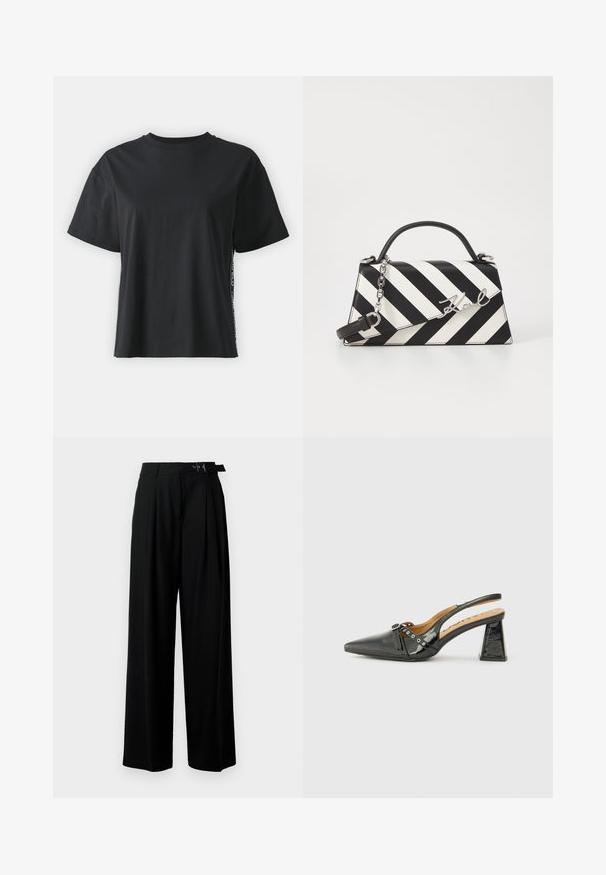Melna īsām piedurknēm kokvilnas t-kreklu ar brīvu piegriezumu un kontrastējošu sānu paneli, kas satur nelielu tekstu un dizaina detaļas.; Melni plaši bikses ar augsto jostasvītru, priekšā ar krokojiem un jostu ar sprādzi. Izgatavotas no gludas, vieglas auduma.; Melns patentētā ādas slingback kurpes ar norādītu purngalu, trīsstūra papēdi un dekoratīvu siksniņu ar sudraba akcentiem. Gluda tekstūra.; Melnām un baltām svītrām rotāta rokassoma ar strukturētu formu, ar augšējo rokturi, noņemamu ķēdes siksnu un metāla logotipa akcentu.
