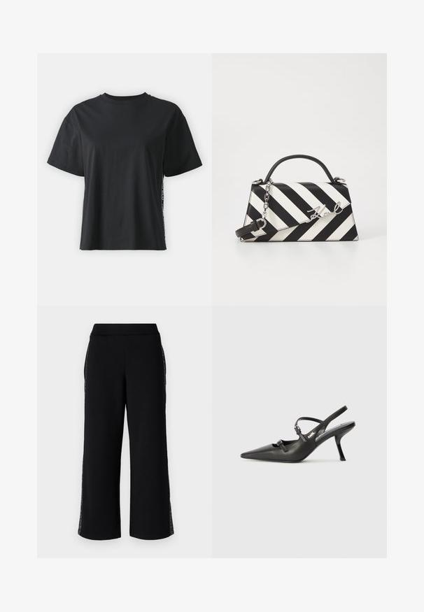 Melna īsām piedurknēm kokvilnas t-kreklu ar brīvu piegriezumu un kontrastējošu sānu paneli, kas satur nelielu tekstu un dizaina detaļas.; Melnas platas bikses ar gludu tekstūru, ar mežģīņu apdari sānos un elastīgu jostasvieta komfortam.; Melnas ādas slingback papēži ar norādītu purngalu, izsmalcinātu papēdi un dekoratīvu sprādzi uz priekšpuses. Gluda tekstūra un elegants dizains.; Melnām un baltām svītrām rotāta rokassoma ar strukturētu formu, ar augšējo rokturi, noņemamu ķēdes siksnu un metāla logotipa akcentu.